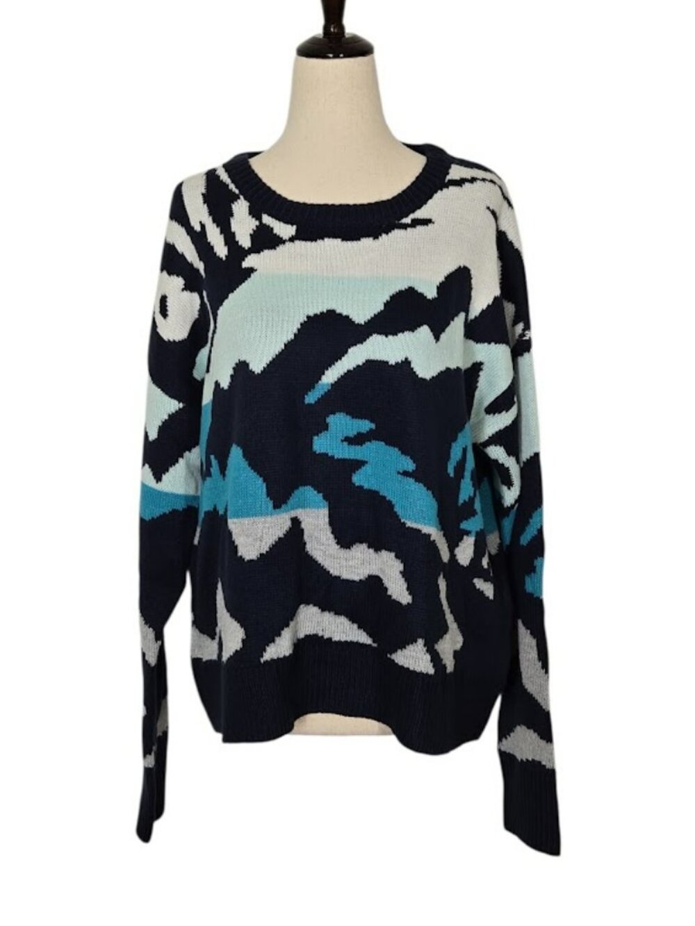 JOHN + JENN Women’s M Abstract Camo Crewneck Sweater Deep Ocean Blue NWT